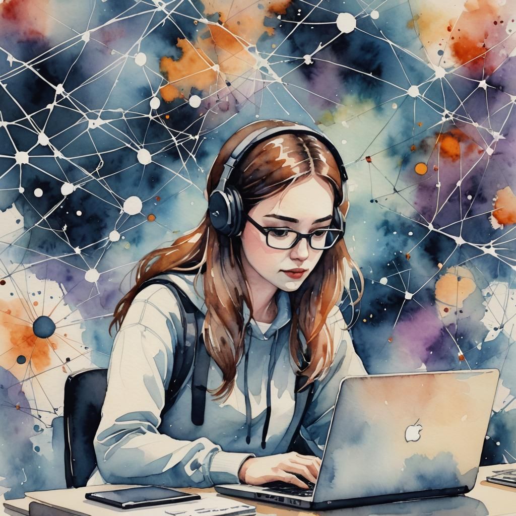 Girl Navigating Cyberspace in Watercolor Style
