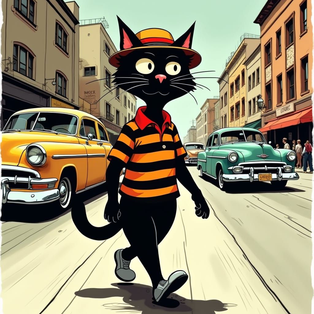 Cat in Striped Shirt Walking Down Busy Street