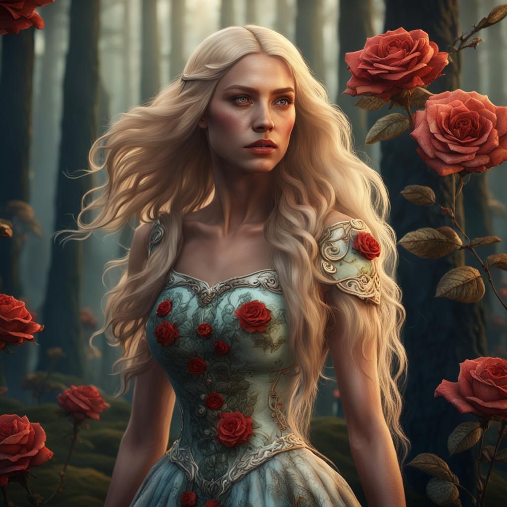 Blonde Woman with Roses in Forest: Fantasy Art