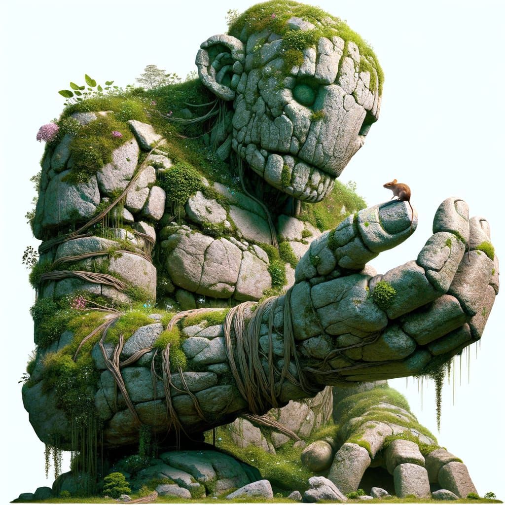 Stone Golem Cradles Tiny Mouse in Serene Abandonment