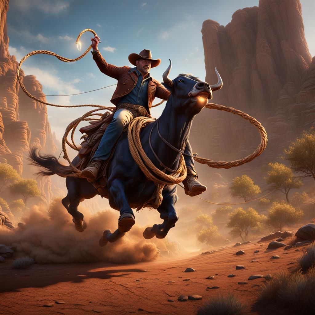 Cowboy Lassoing Bull in Detailed Matte Painting