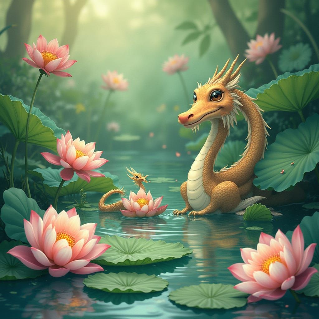 Dragon and Phoenix in Lotus Pond, Fantasy Art