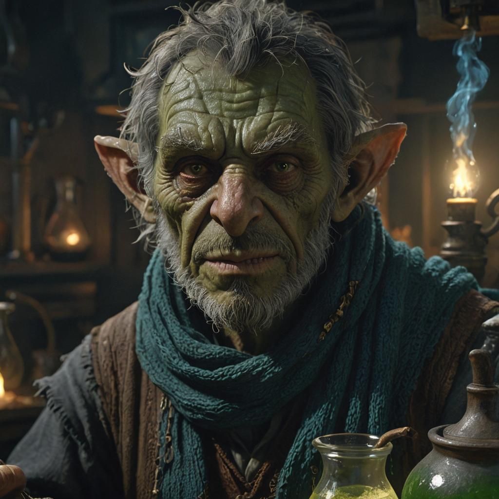 Goblin Alchemist Portrait in Gustave Doré Style