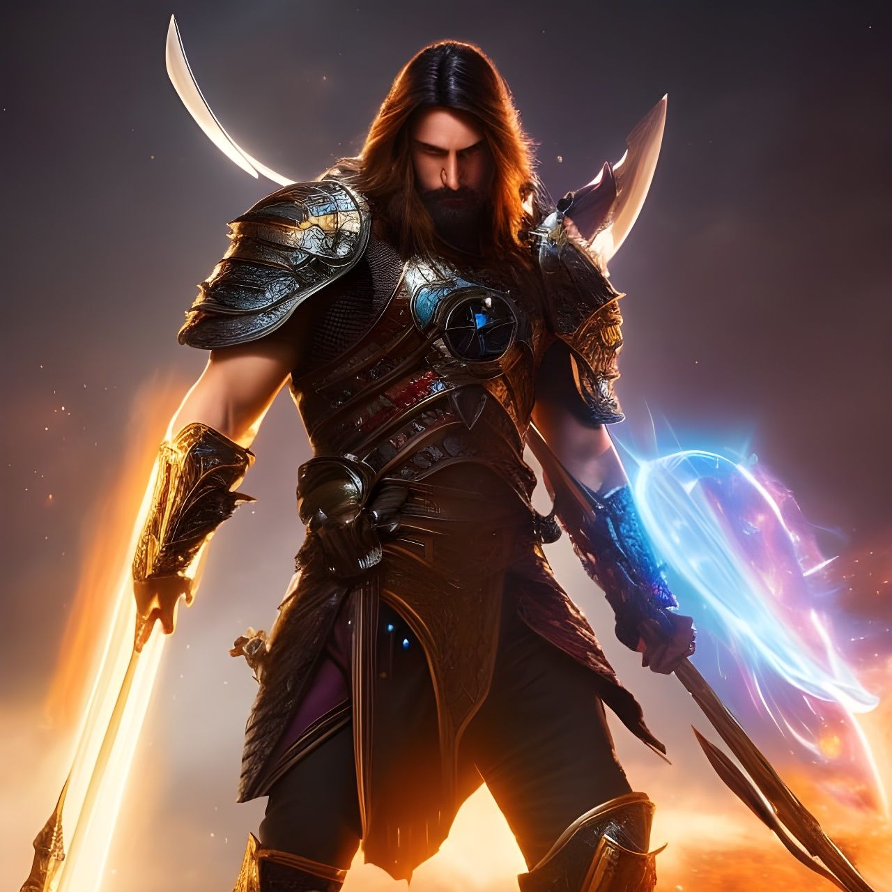 Knight with Magical Weapon in Front of Nebula