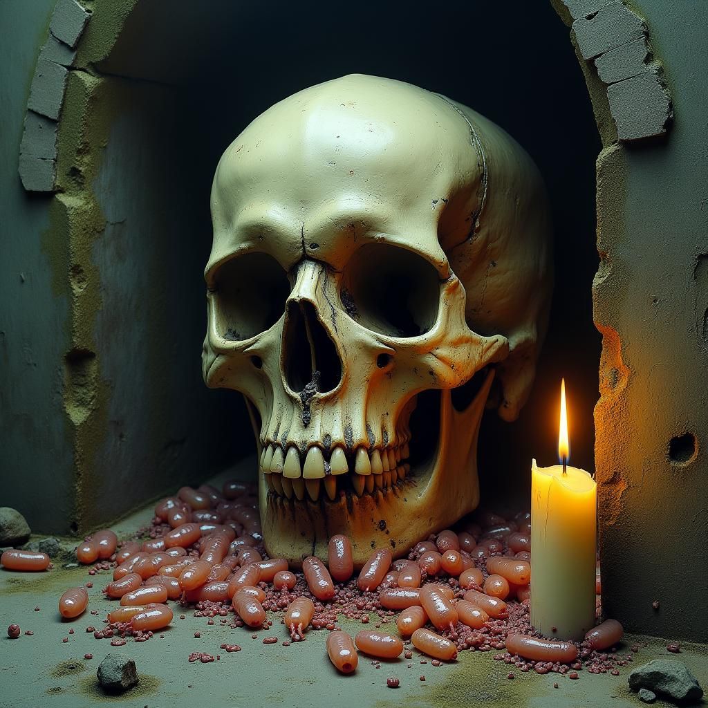 Maggot-Infested Skull in Dark Surrealist Style