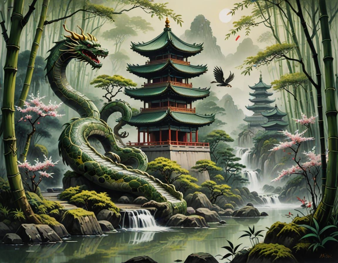 Winged Serpent Coiled Around Pagoda in Ink Painting