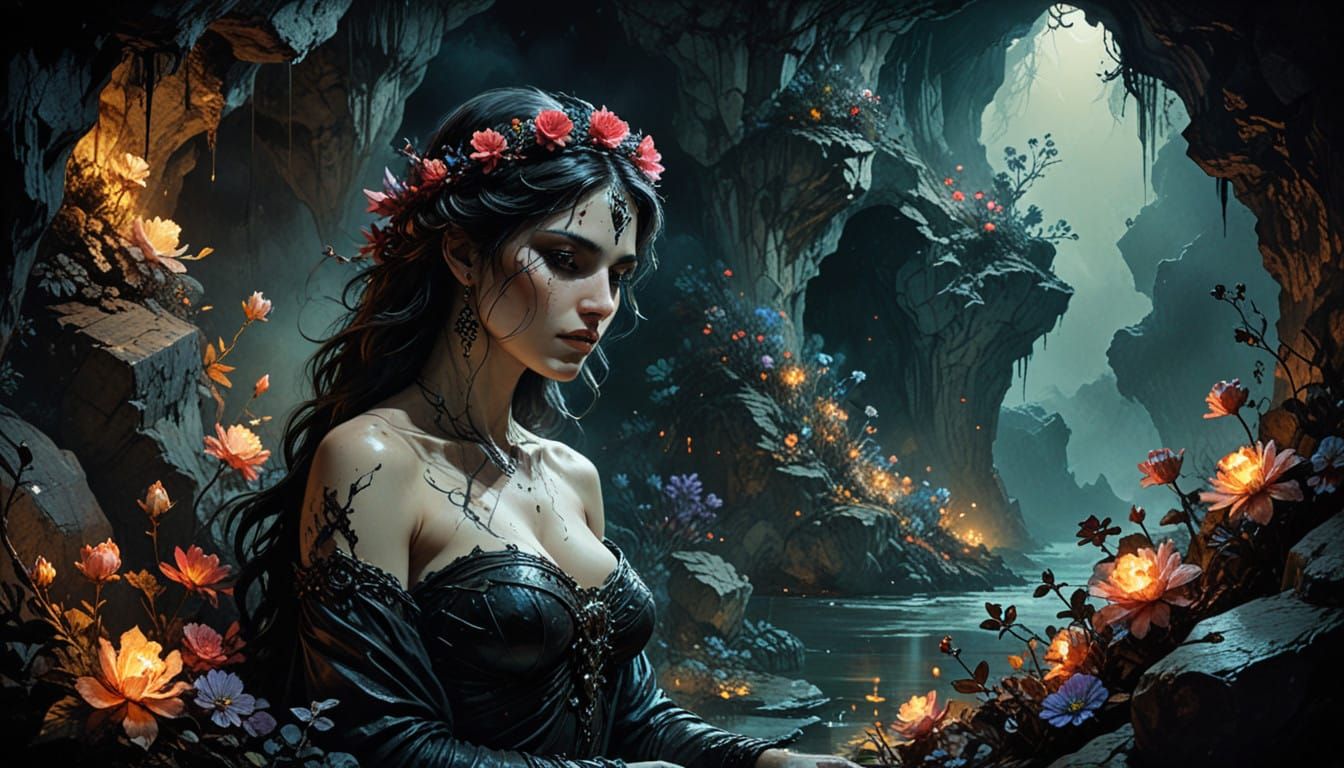 Sinister Cave Goddess in Dark Floral Bloom