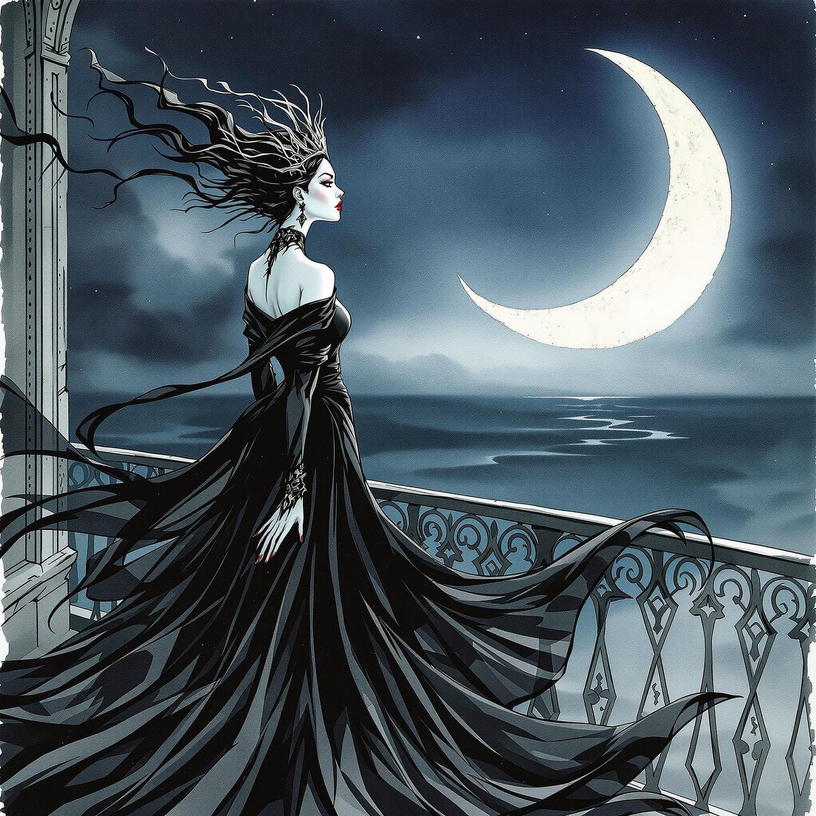 Gothic Vampire Queen Under Crescent Moonlight