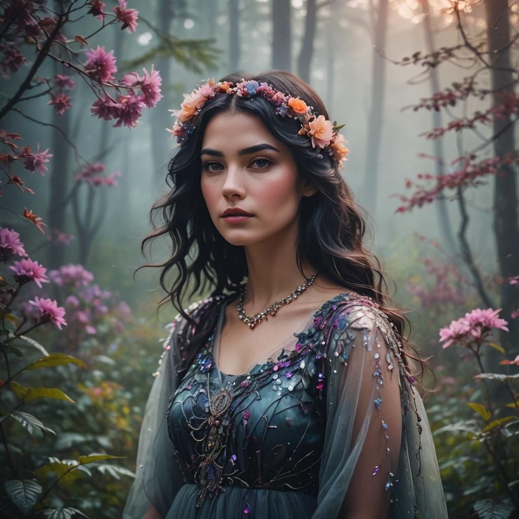 Girl with Flowers and Nebulae in Dreamy Portrait