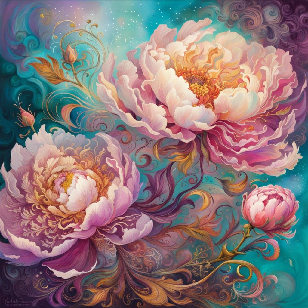 Peonies in Magical Fantasy Digital Art