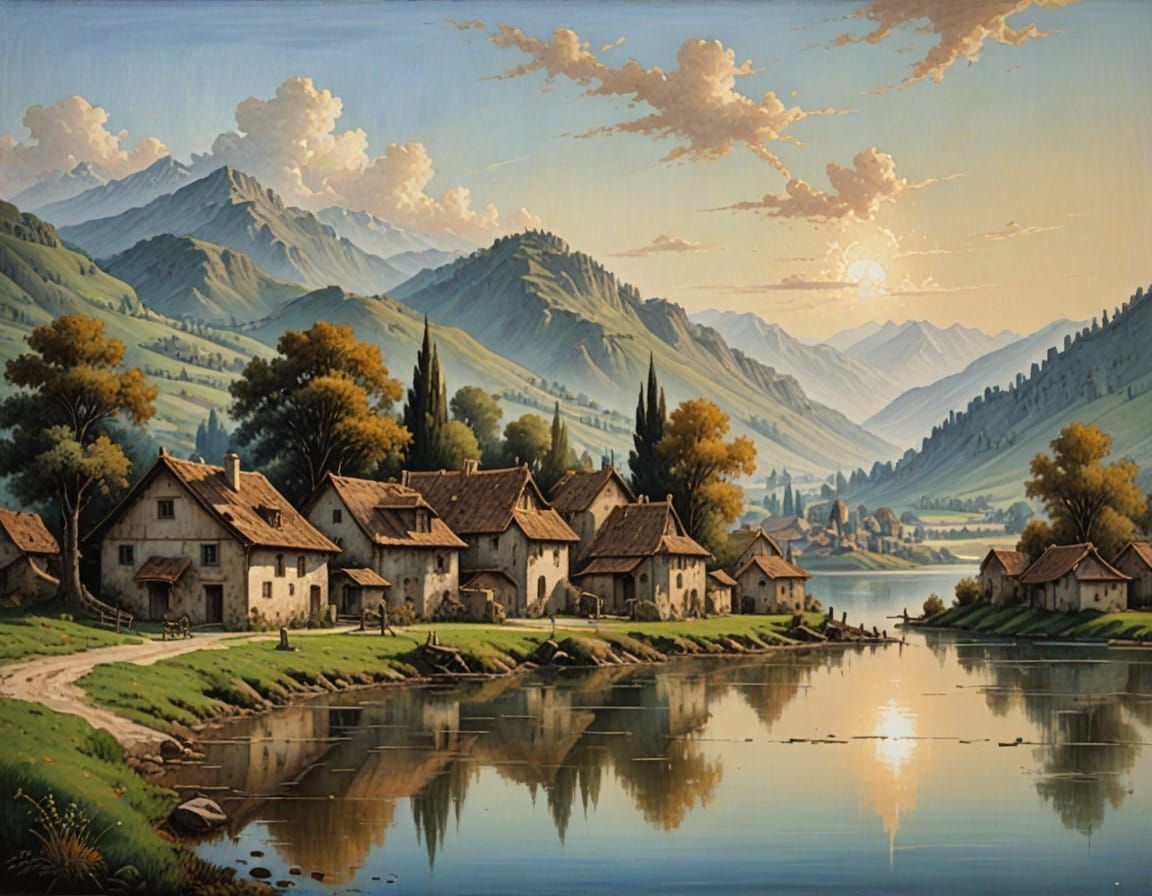 Village by Serene Lake in Oil Brushstrokes