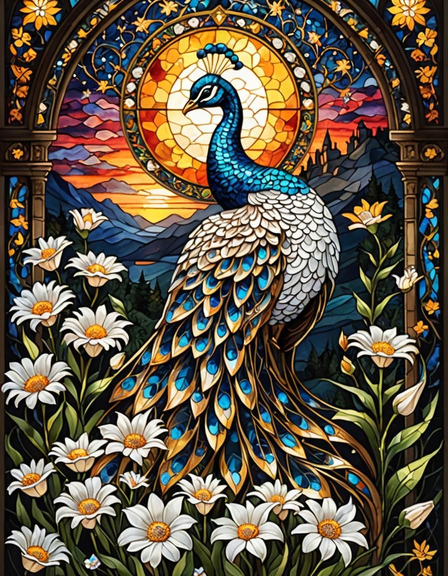 Stained Glass Mosaic: White Peacock and Castle