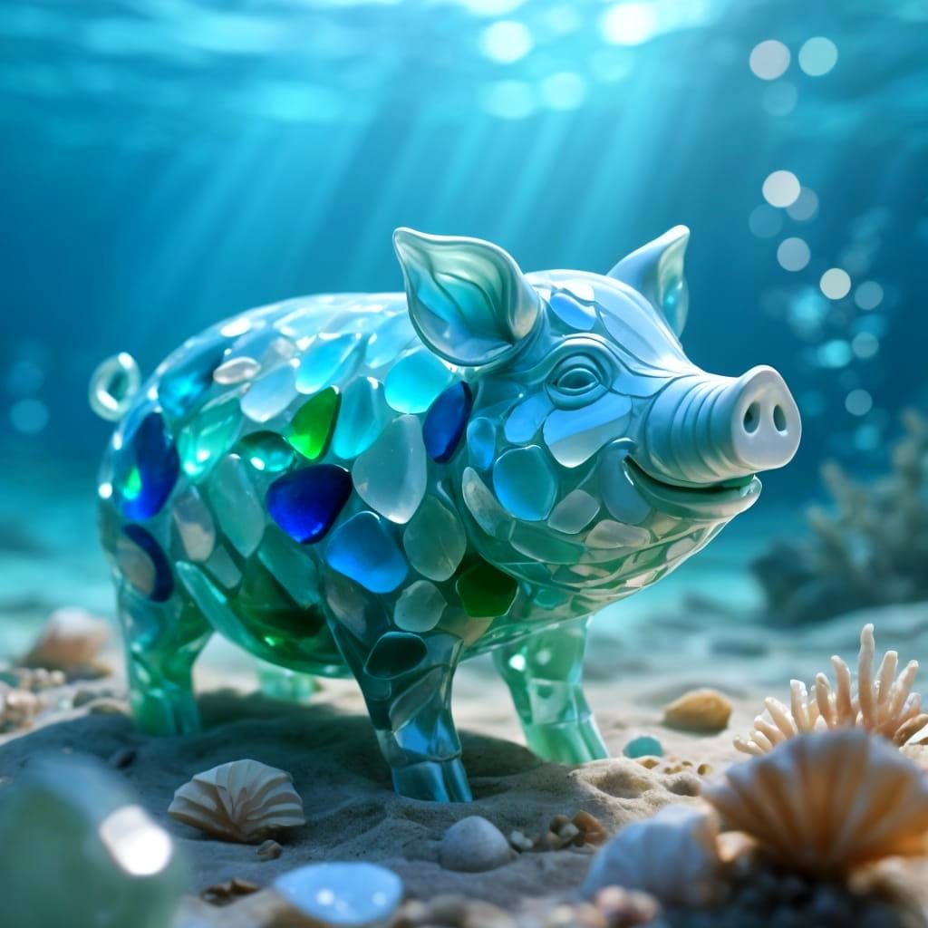 Sea Glass Pig Sculpture on Oceanic Backdrop