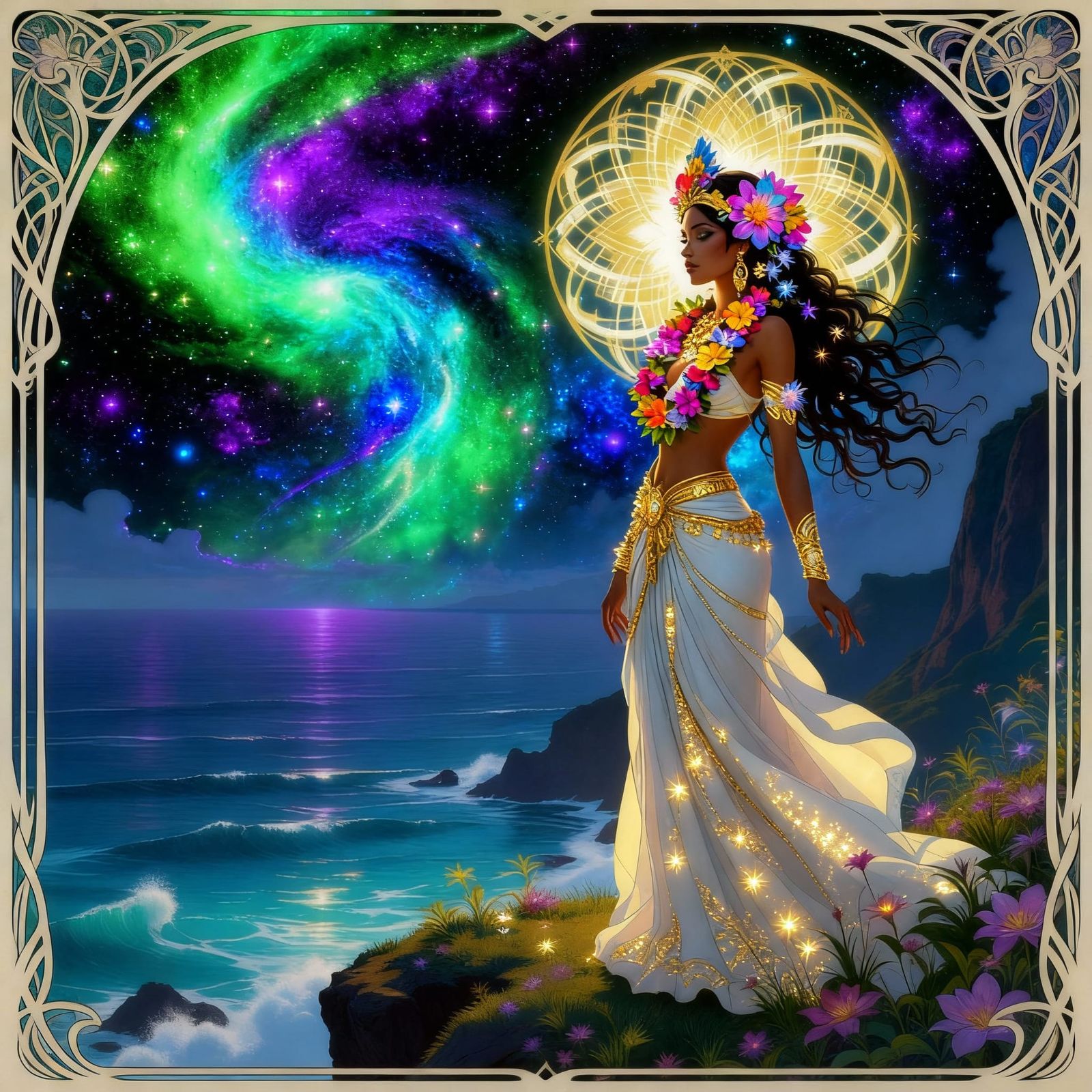 Hawaiian Goddess Overlooking Nebula in Art Nouveau Style