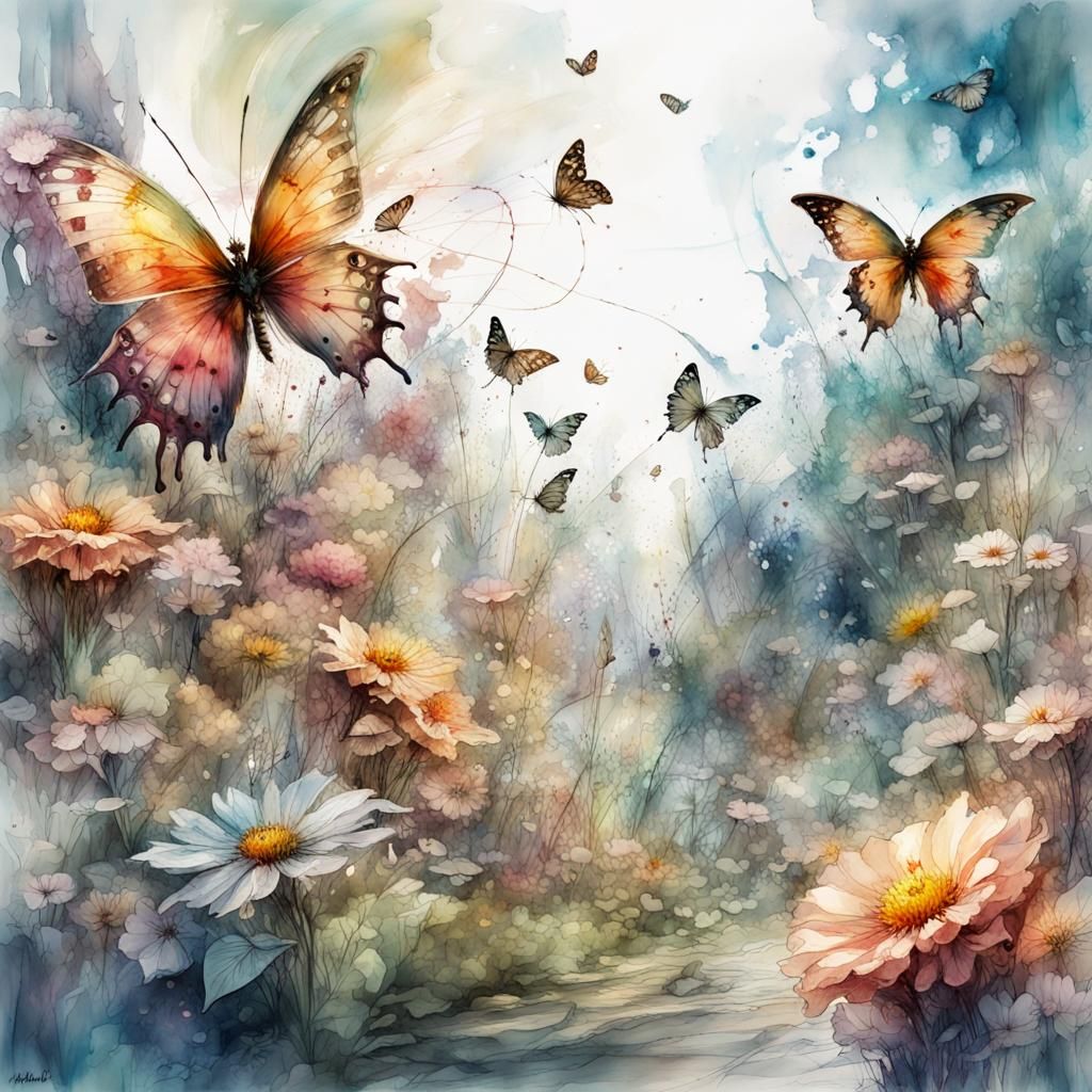 Butterflies in Summertime Fantasyscape: Digital Watercolor A...