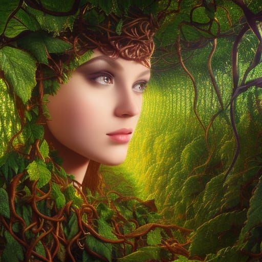 Surreal Woman Covered in Vines, Detailed Matte Painting