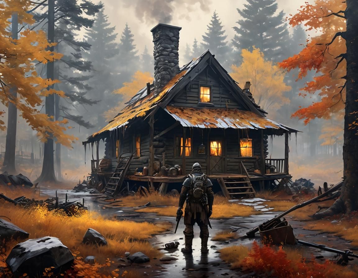 Wasteland Scavenger Finds Cabin: Moody Oil Painting
