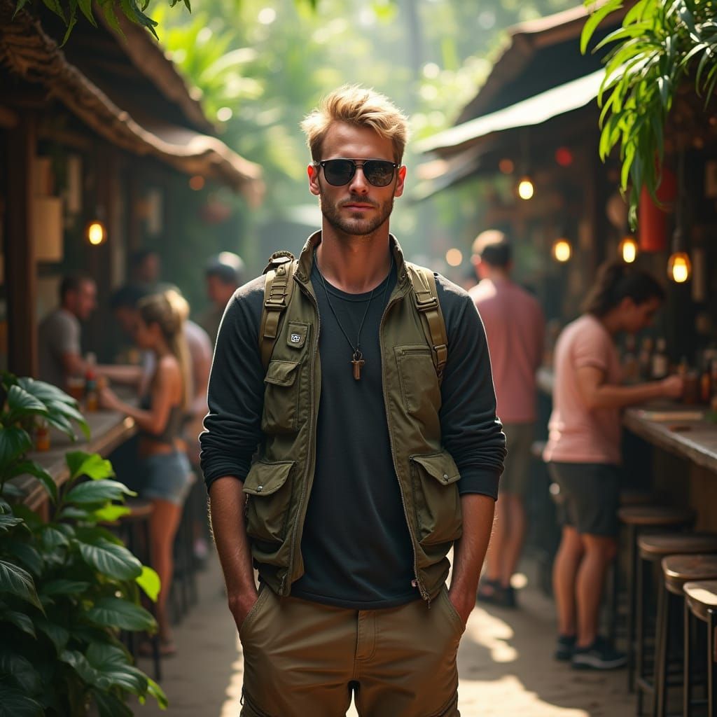 Adventurous Man in Jungle Bar, Photorealistic 8k
