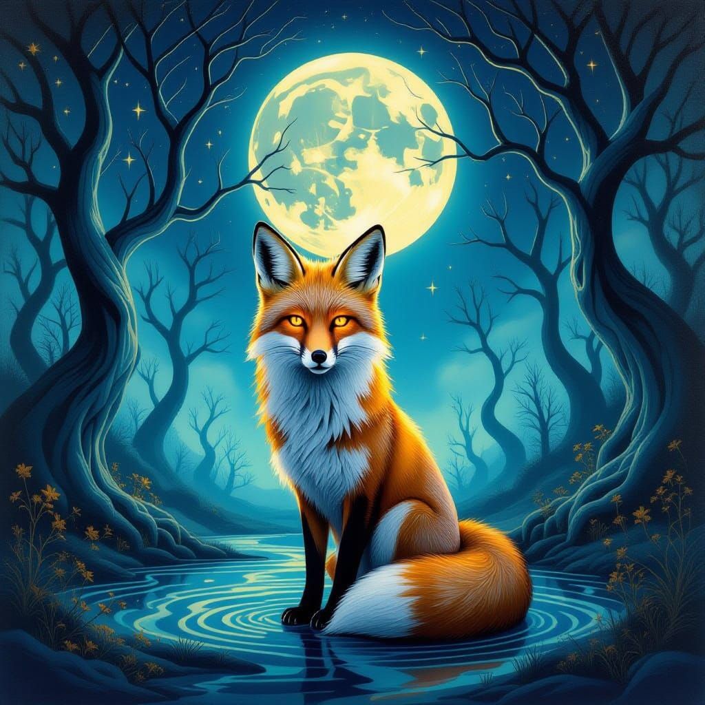 Mystical Fox in Enchanted Forest, Dali Surrealism