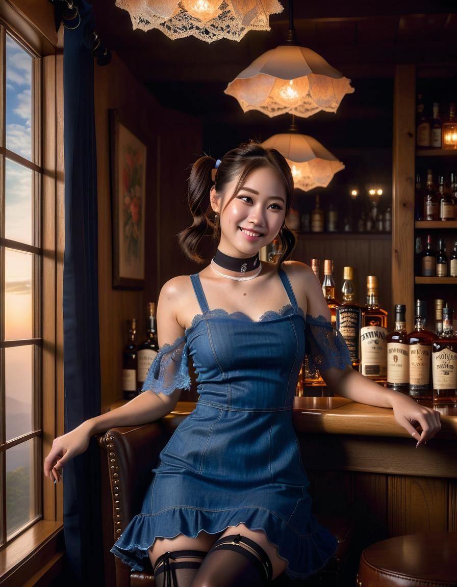 Chiaroscuro Oil Painting of Korean Woman at Bar