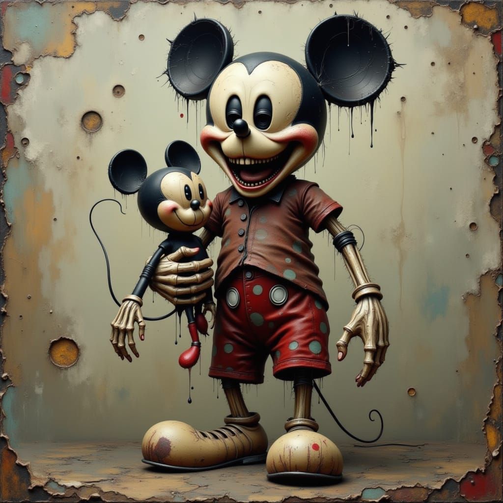 A macabre  Mickey Mouse  holding a vintage-style Mickey Mous...