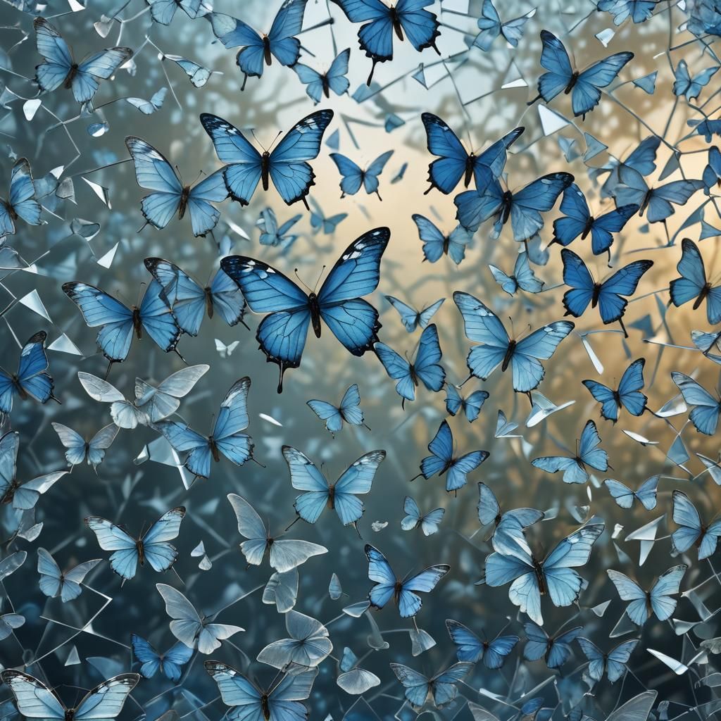 Shattered Blue Butterfly on Frosted Glass: Digital Art