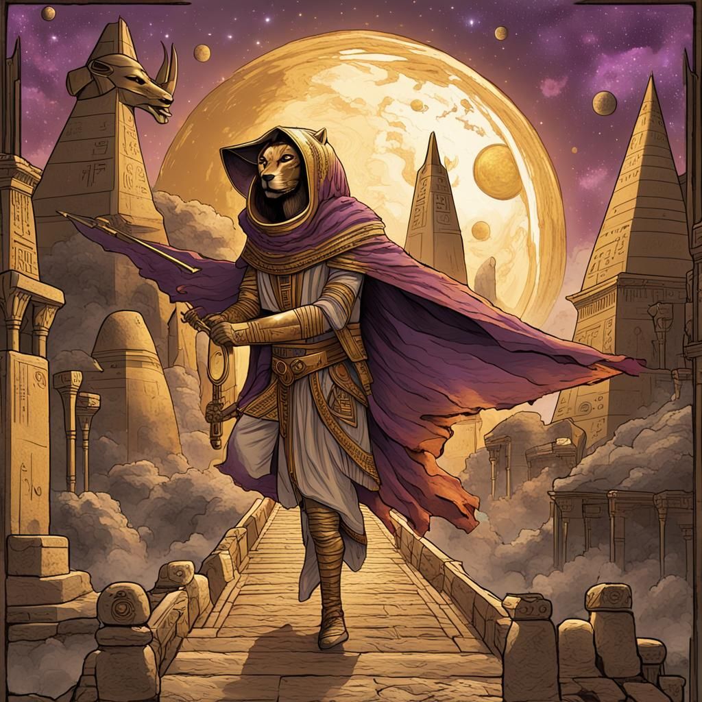 Egyptian Spaceship Flies Through Purple Nebula