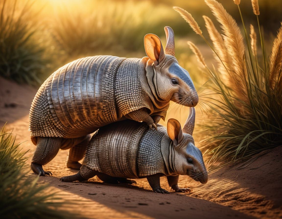 Hyperrealistic Armadillos Couple in Pampas Landscape