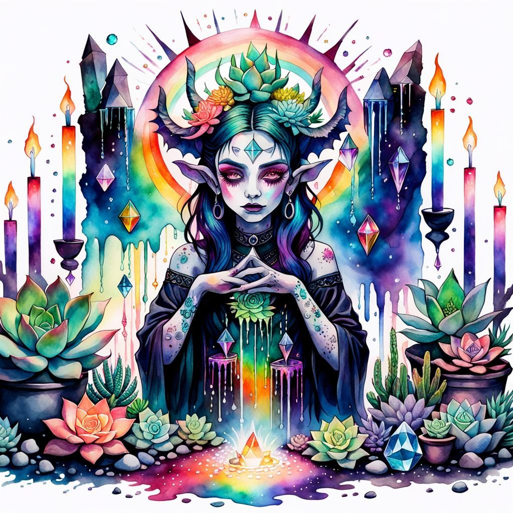 Iridescent Demoness at Altar: Watercolor Pastel Goth Art