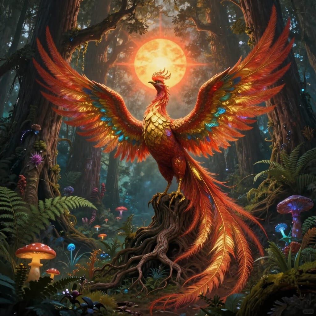 Majestic Phoenix Rises From Ancient Forest