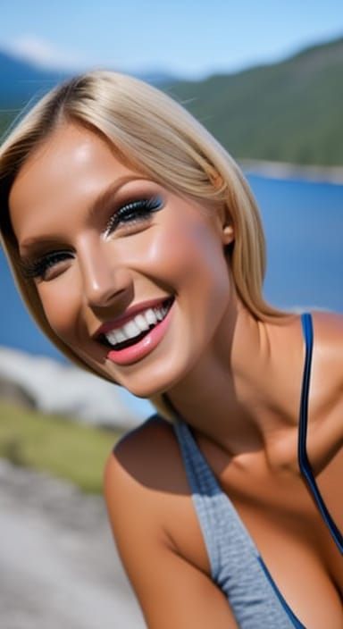 Blonde Woman in Bikini on Mountain Lake