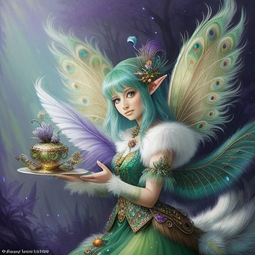 Ethereal Peacock Fairy in Misty Forest