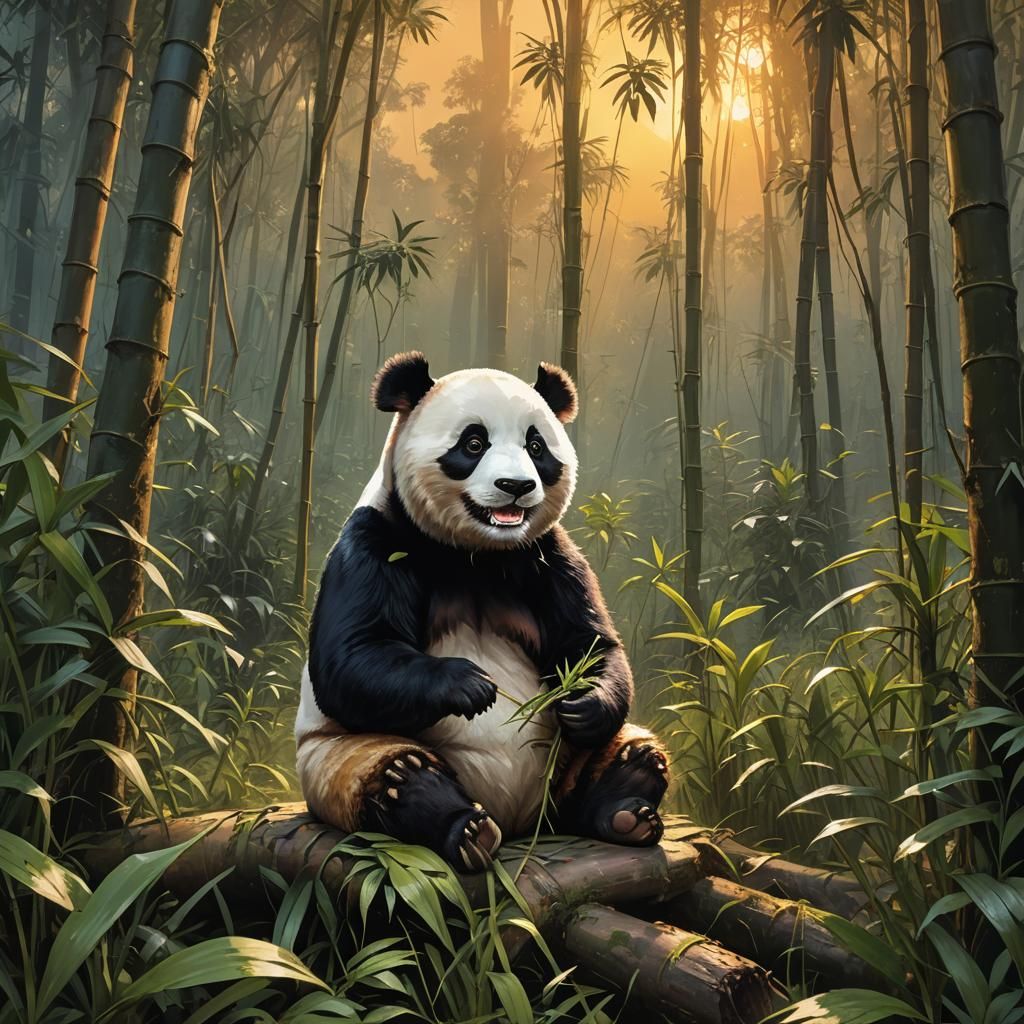 Happy Panda in Jungle at Sunset