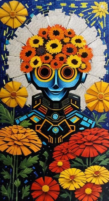 Robot and Marigolds in Geometric Oil Gouache