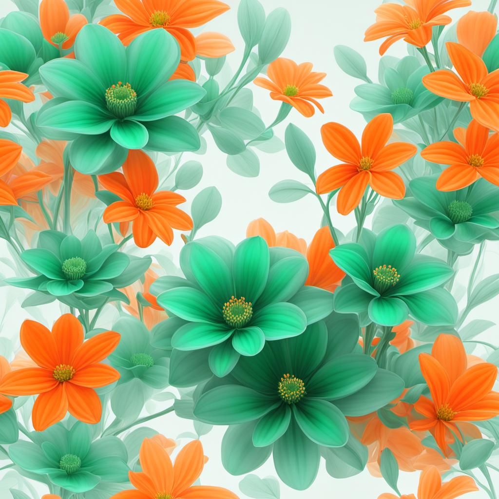 Ethereal Floral Art in Vivid Orange and Emerald