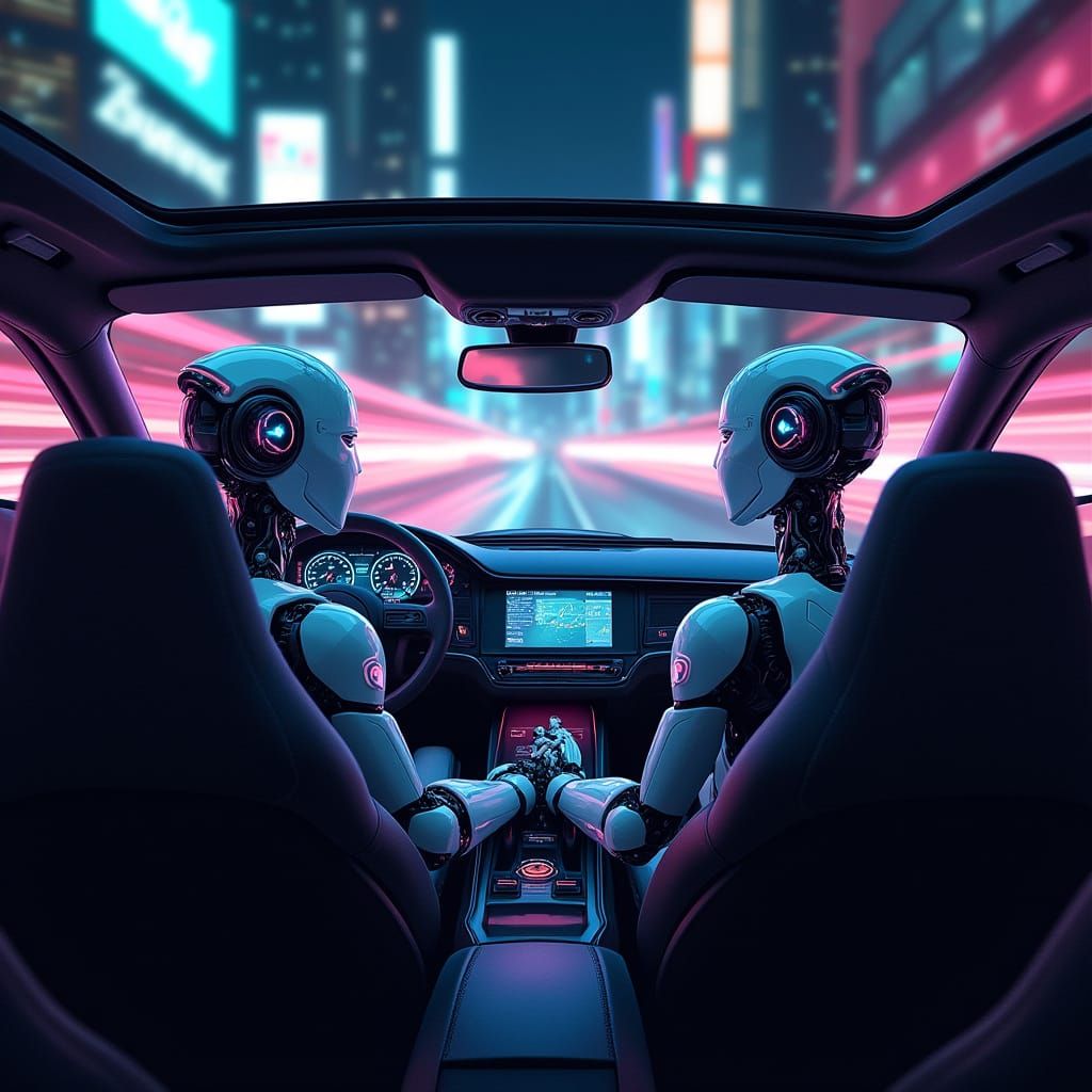 Robots Converse in Futuristic Car on Neon City Street