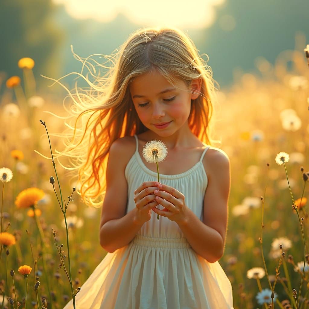 Girl Wishes on Dandelion: Detailed Matte Painting