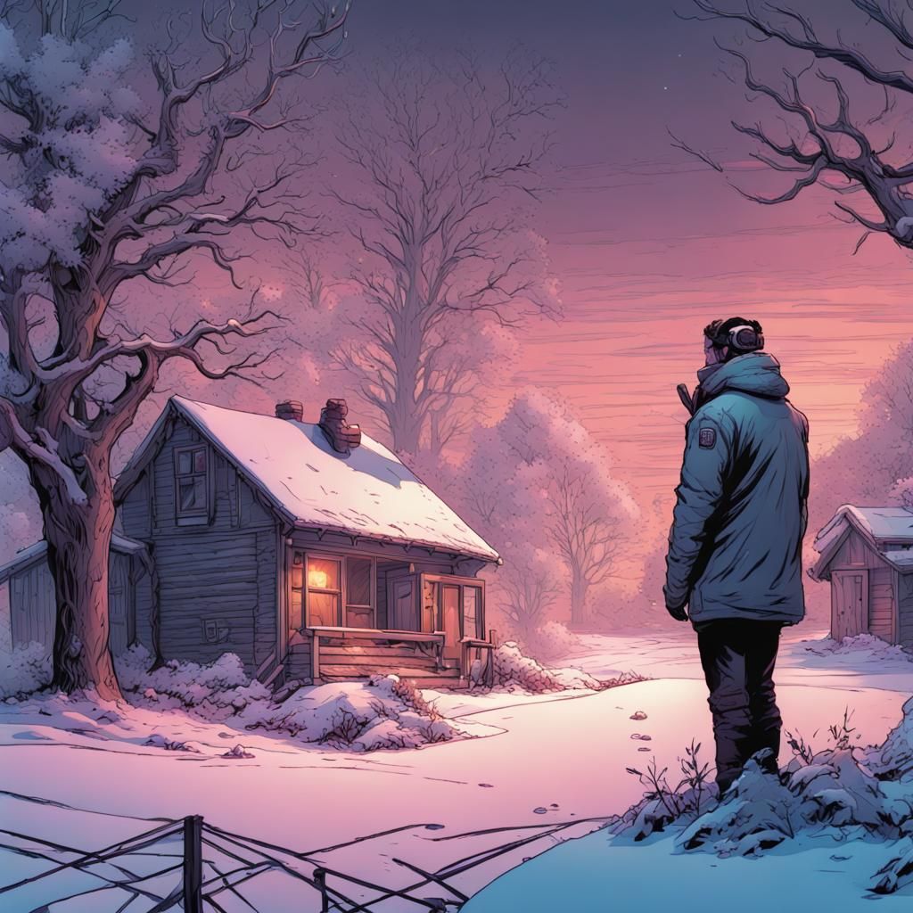 Somber Winter Scene in Comic Book Art Style