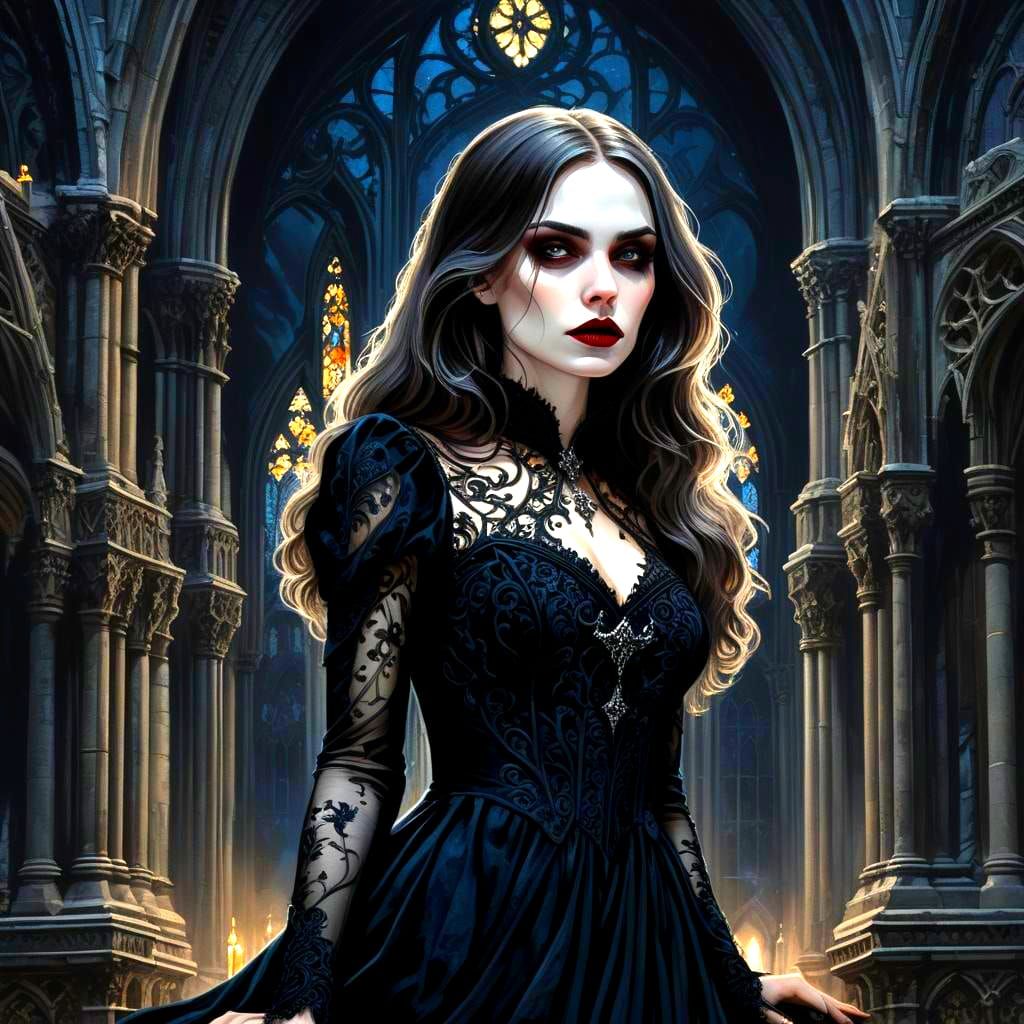 Vampiric Woman on Gothic Cathedral, Olivier Ledroit Style