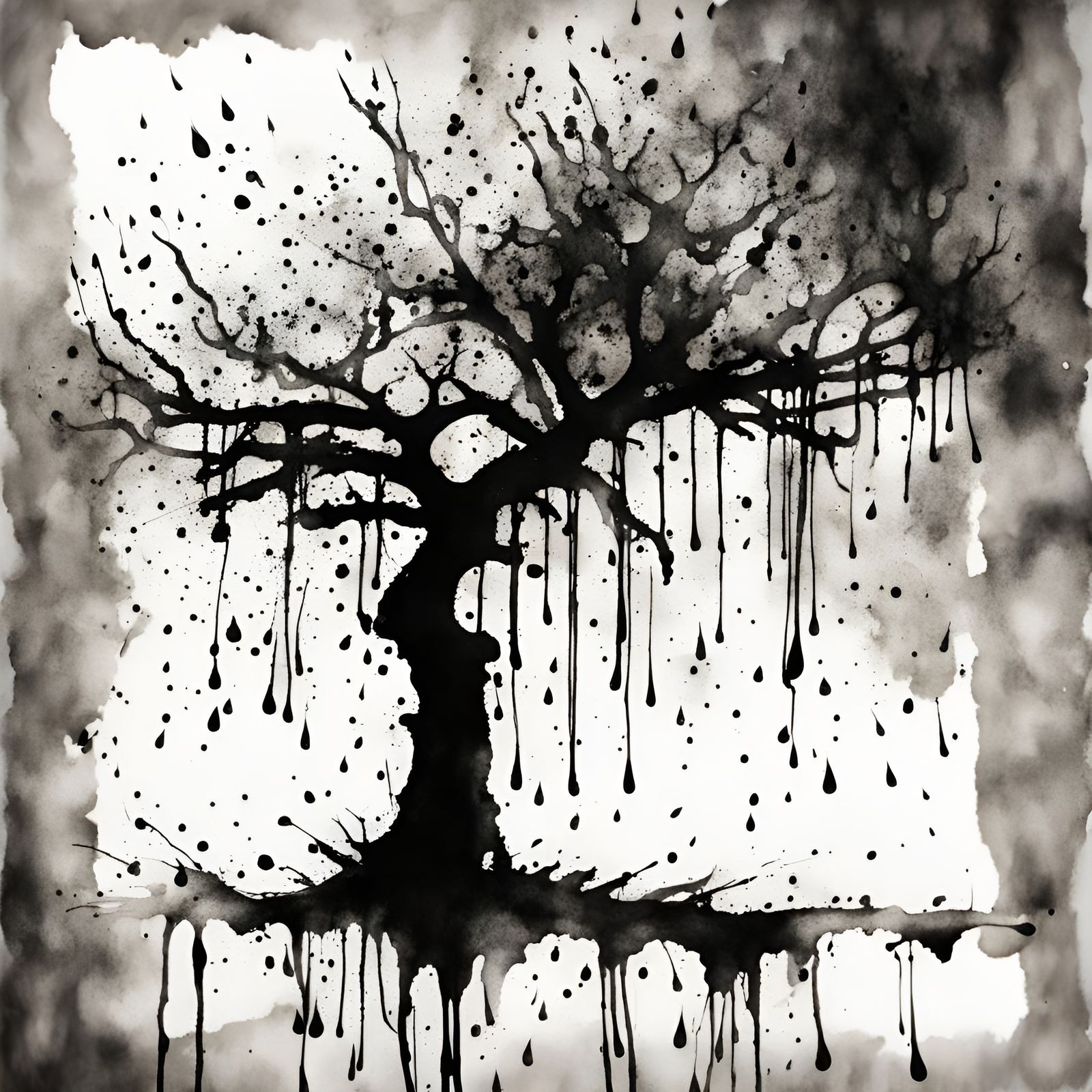 Monochrome Ink Blot Rain Tree Drawing