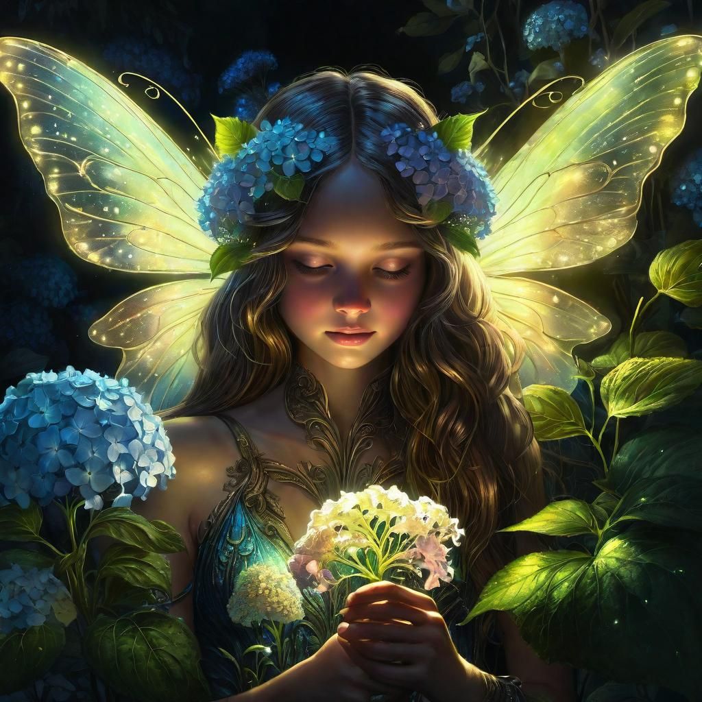 Fairy Smelling a Bioluminescent Flower