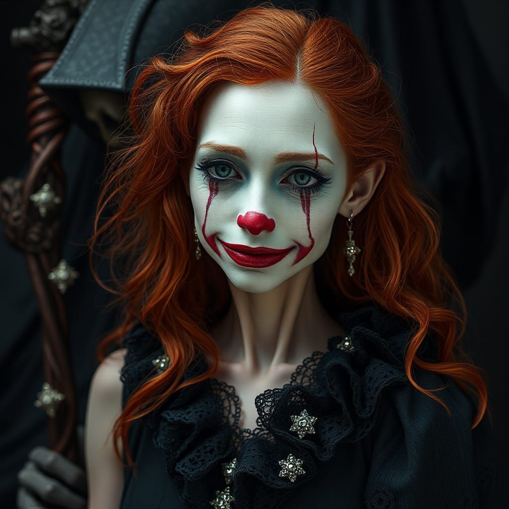 Sorrowful Clown with Grim Reaper in Ethereal Style