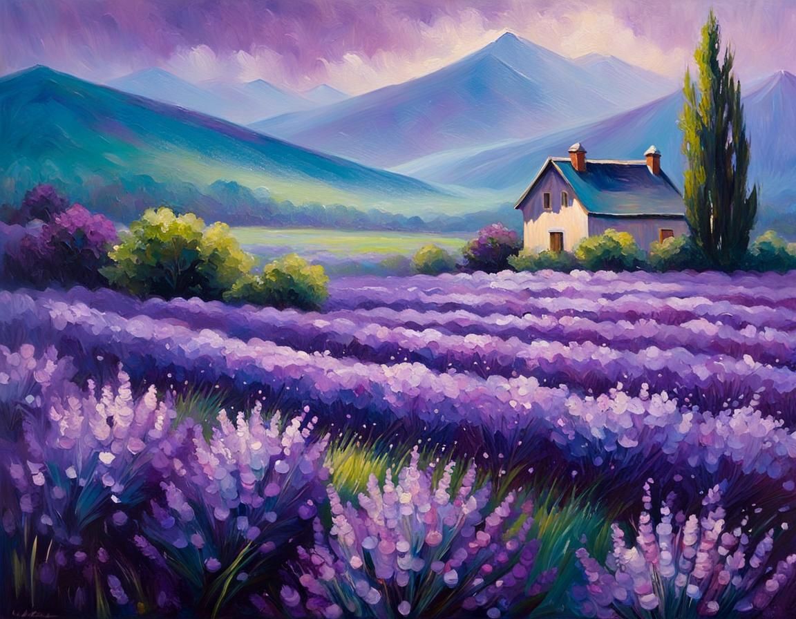 Purple Rain on Lavender Field: Impressionist Oil Painting