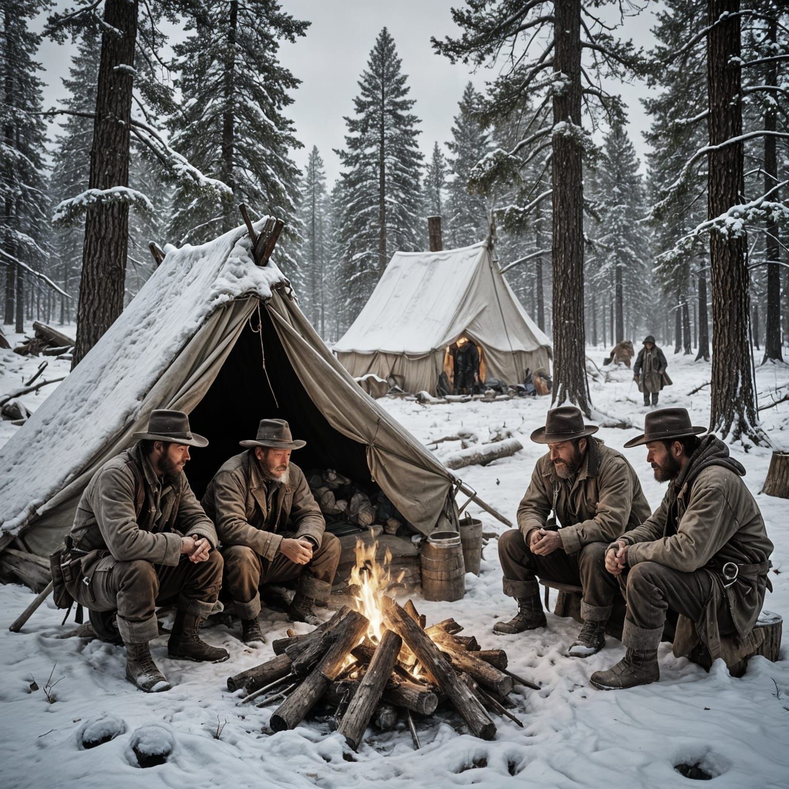 Rugged Winter Campers Huddled Around a Fireside in the Orego...