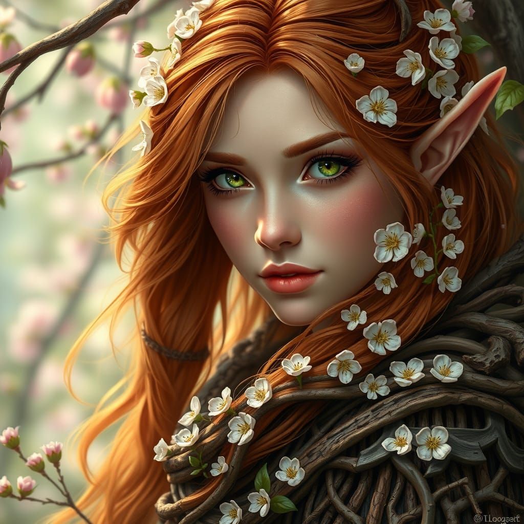 Elven Druidess in Wooden Armor with Floral Adornments