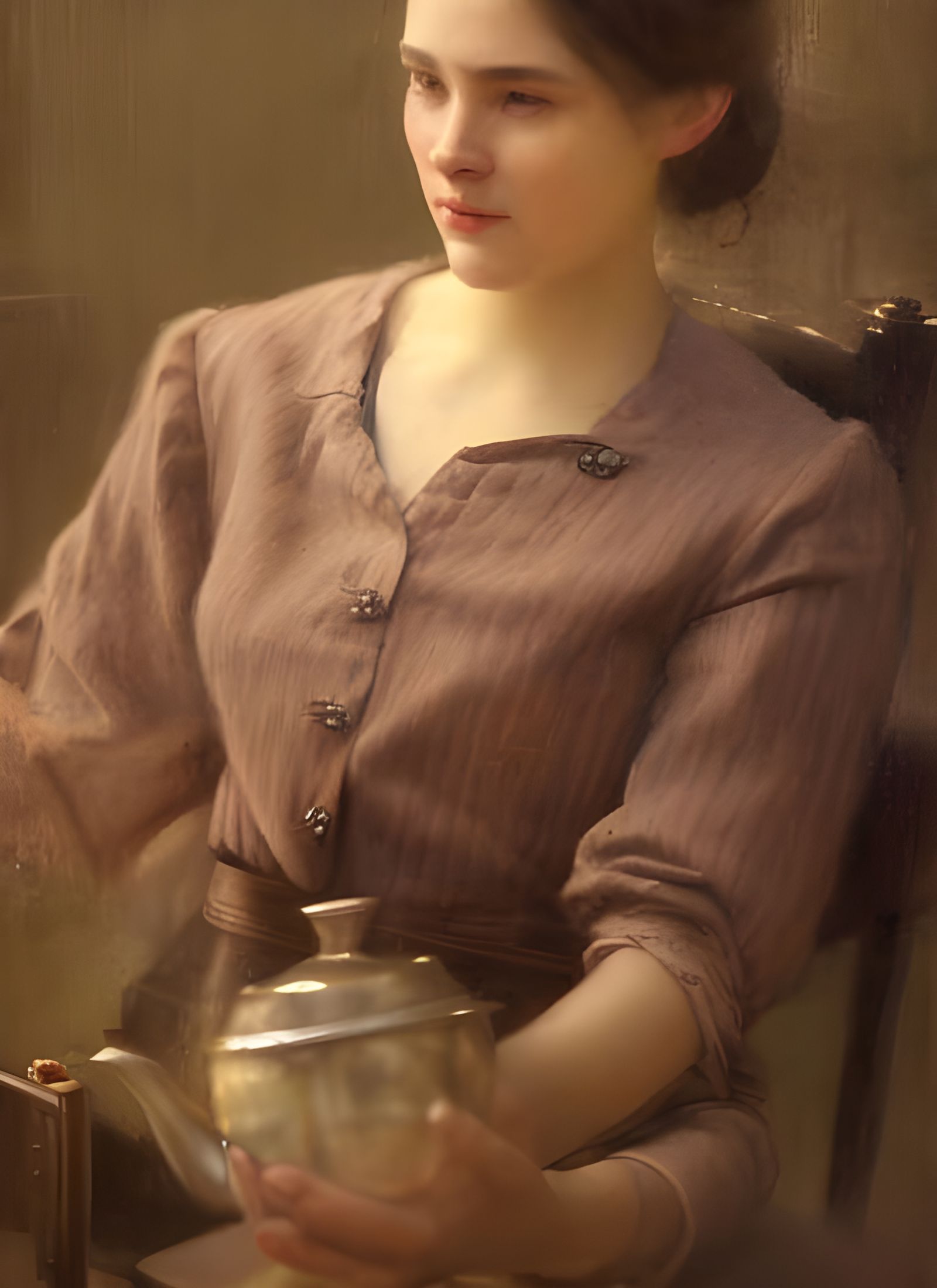 Woman in Cafe Having Tea: Hyperrealistic Portrait