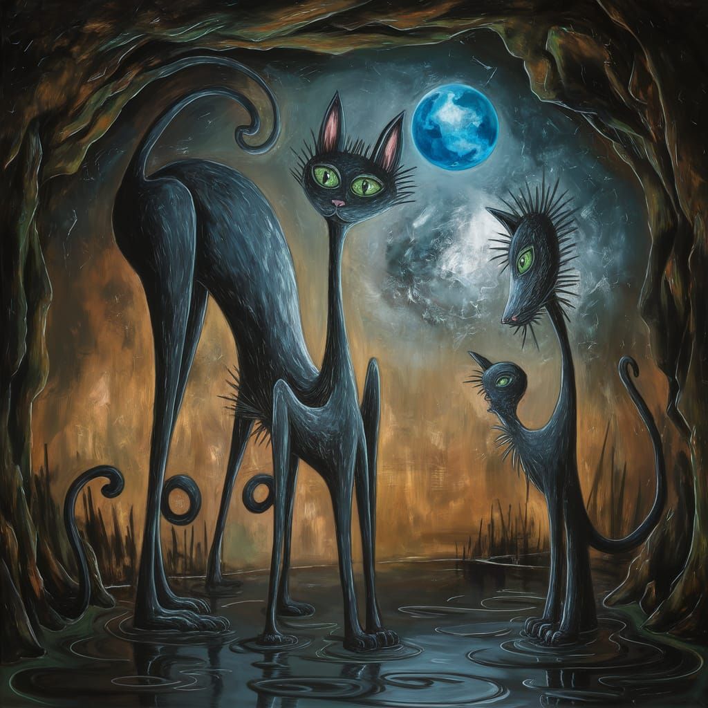 Surreal Black Cats in Gothic Ink Style Painting