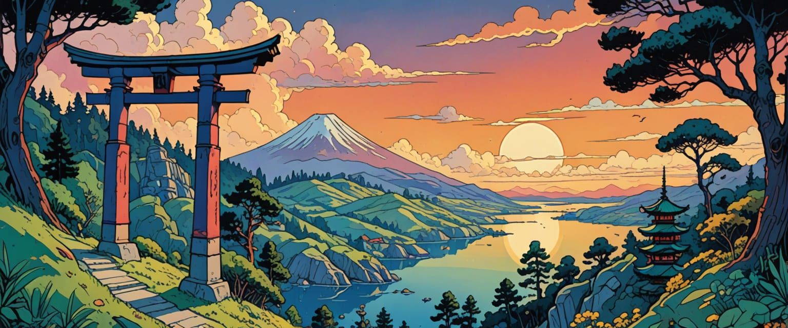 Black Torii Gate Overlooking City in Vibrant Watercolor Styl...