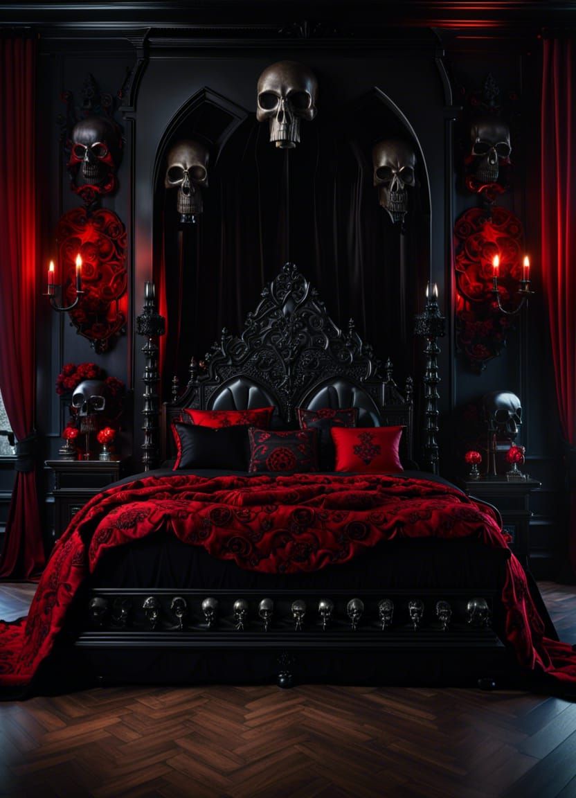 Gothic Skull Bed in Dark Mansion Bedroom