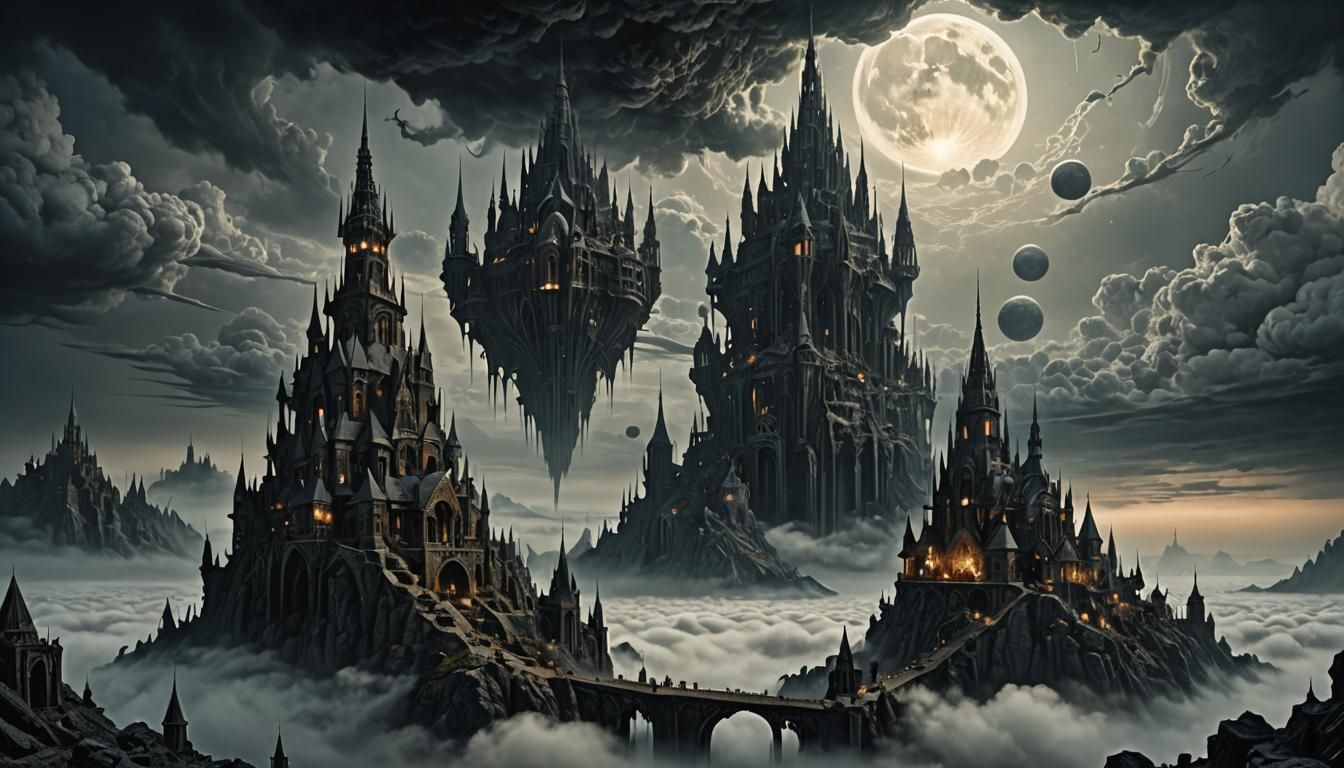 Mystical City in Dark Fantasy Landscape, Gothic Architecture